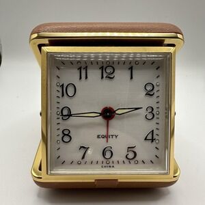 New Vintage EQUITY Travel Alarm Clock Folding Case Brown Retro - Working